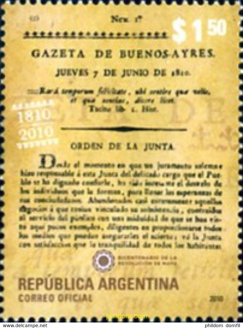 252490 MNH ARGENTINA 2010 BICENTENARIO DE LA Iª APARICION DEL SEMANARIO LA GAZETA DE BUENOS AIRES - Usati