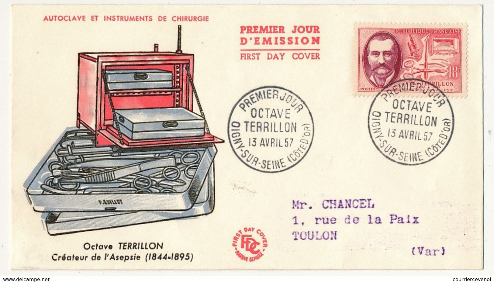 FRANCE => FDC 18F Octave TERRILLON - Premier Jour OIGNY-SUR-SEINE 13 Avril 1957 - 1950-1959