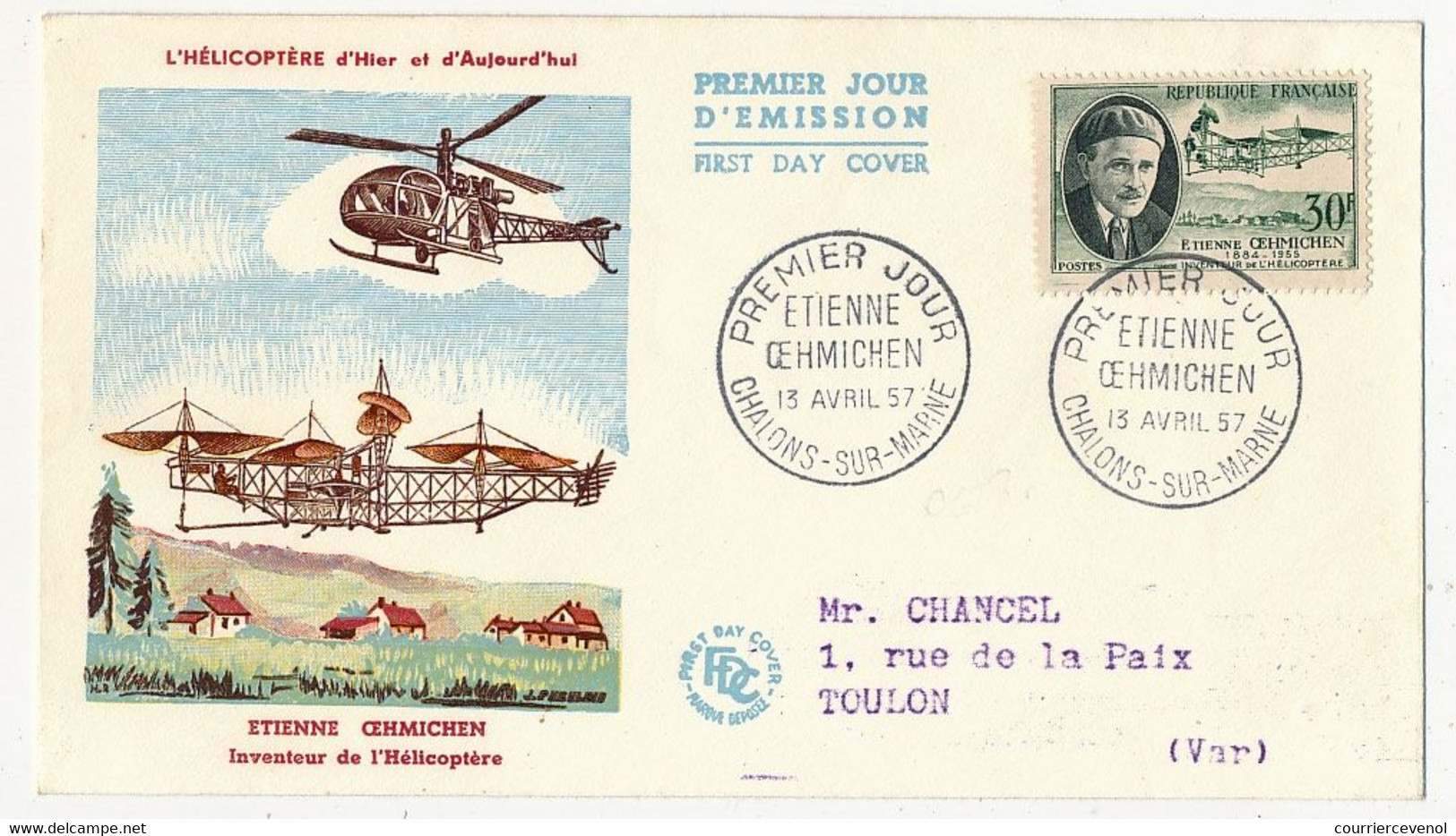 FRANCE => FDC  30F Etienne OEHMICHEN - Premier Jour Chalons S/Marne 13 Avril 1957 - 1950-1959