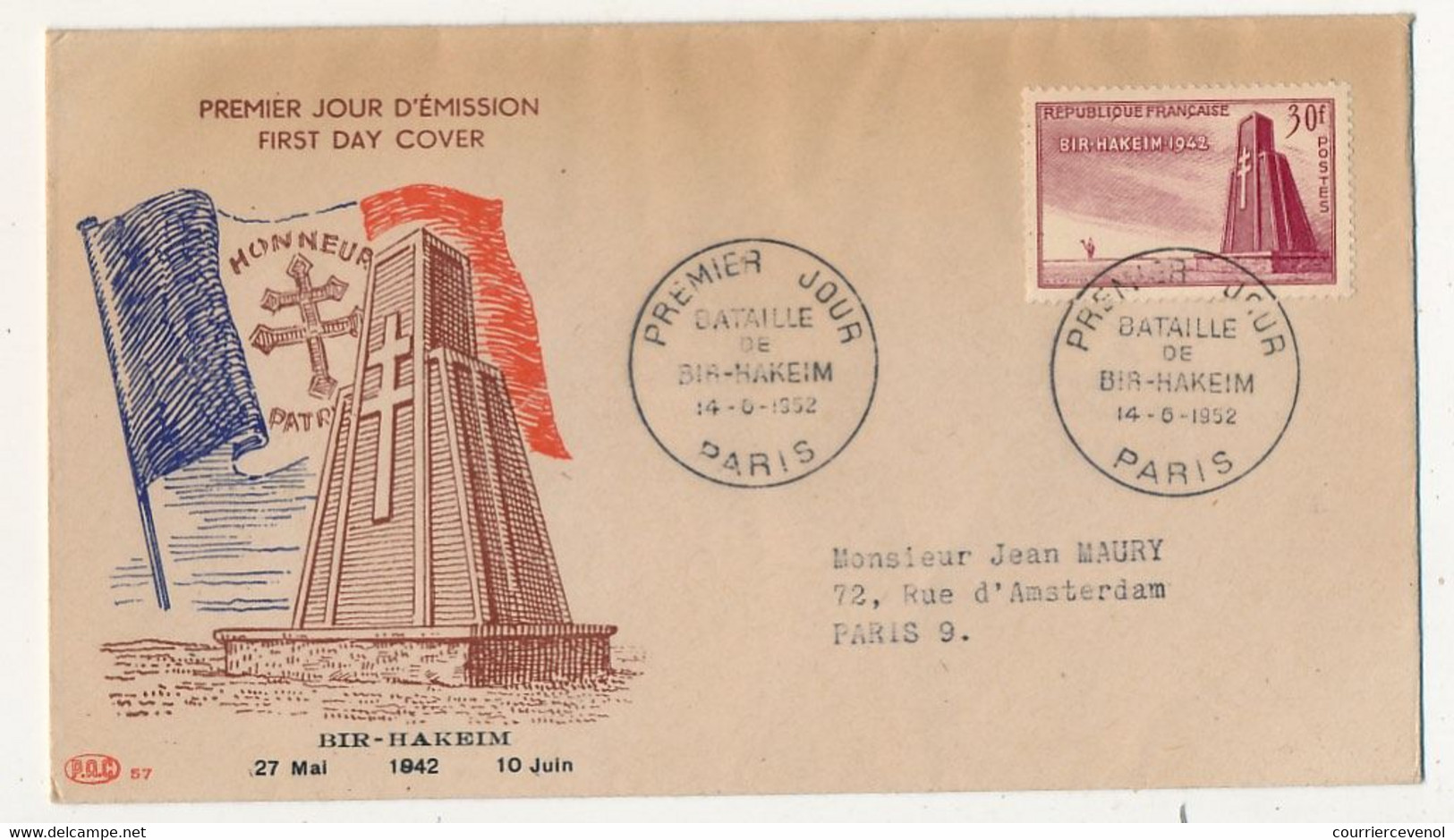 FRANCE => FDC  30F Bataille De BIR-HAKEIM - Premier Jour PARIS 14 Juin 1952 - 1950-1959