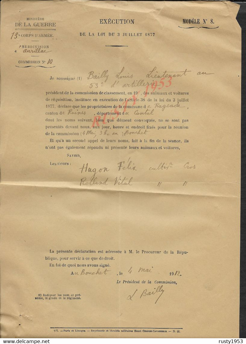 MILITARIA DOCUMENT MILITAIRE 19 LÉGION DE GENDARMERIE CANTAL SAINT FLOUX BRIGADE RUINES PROCÈS CHEVAUX JUMENTS LIRE - Police & Gendarmerie