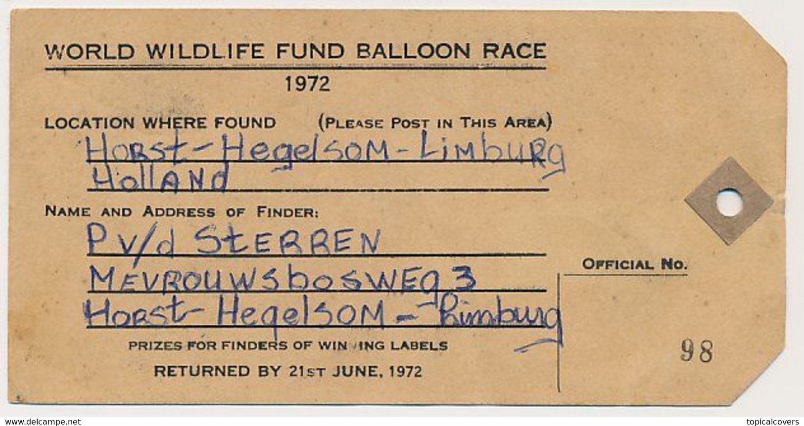 Label WWF Balloon Race - Horst Venlo The Netherlands - Sussex GB / UK 1972 - Briefe U. Dokumente