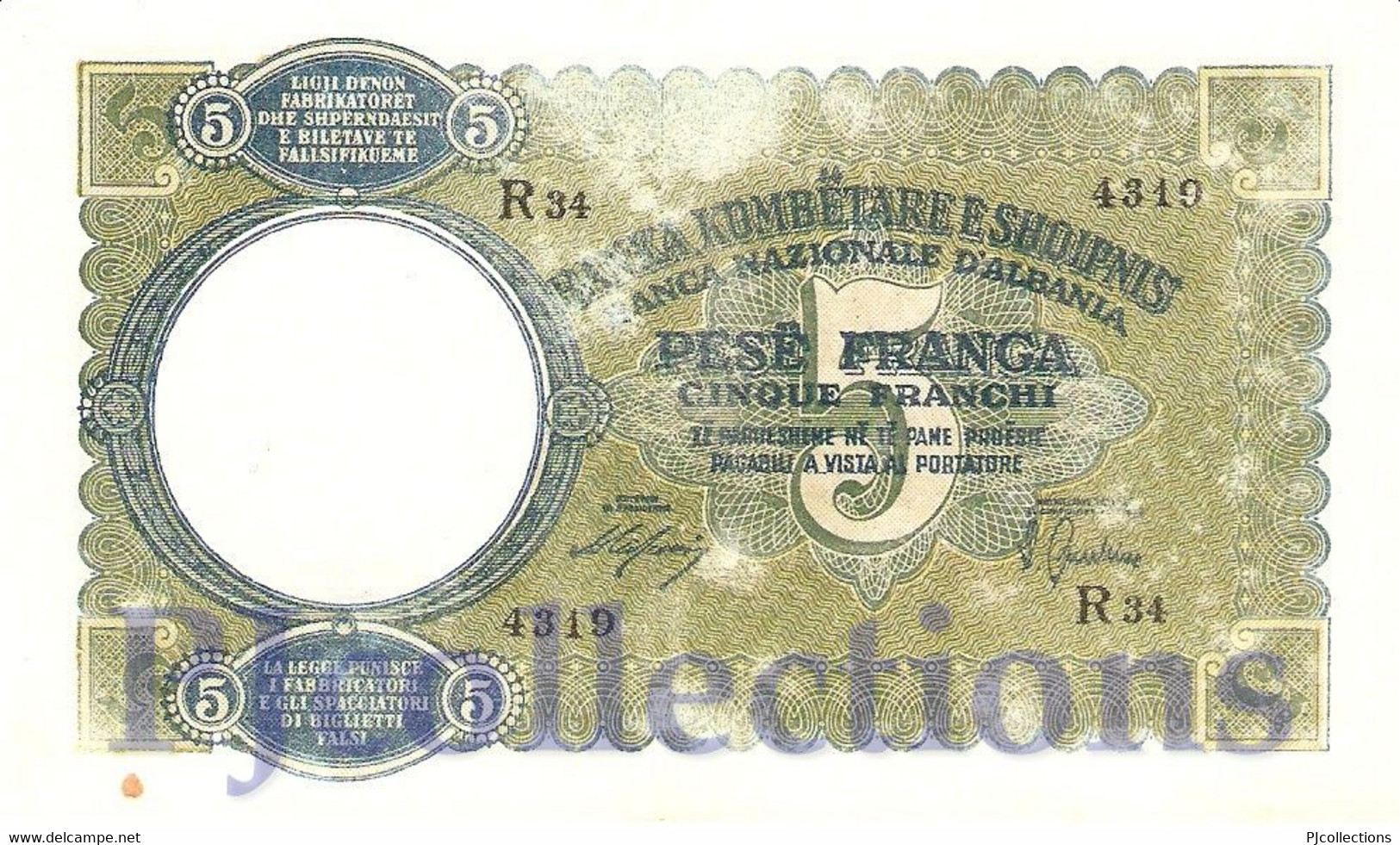 ALBANIA 5 FRANGA 1939 PICK 6a VF+ - Albanie