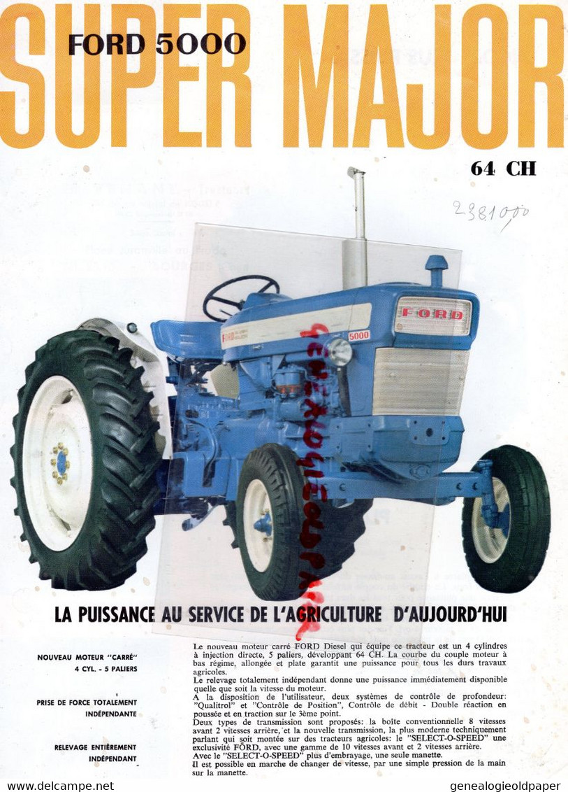 75- PARIS- RARE PROSPECTUS PUBLICITE TRACTEUR FORD 5000 SUPER MAJOR--AGRICULTURE-MACHINE AGRICOLE- 5 RUE DARCET - Landbouw