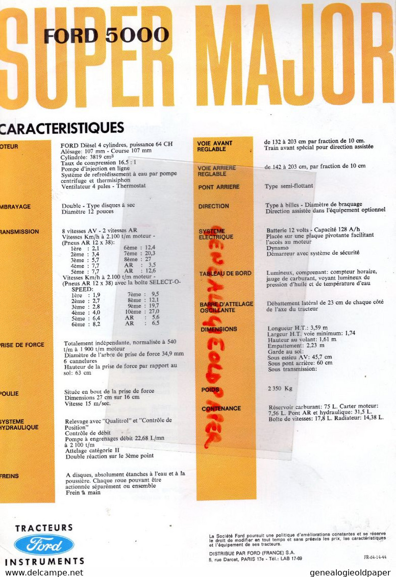 75- PARIS- RARE PROSPECTUS PUBLICITE TRACTEUR FORD 5000 SUPER MAJOR--AGRICULTURE-MACHINE AGRICOLE- 5 RUE DARCET - Agricoltura