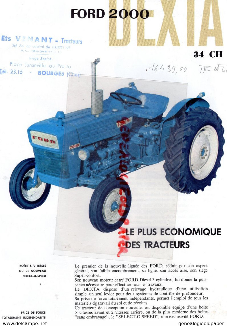 75- PARIS--18-BOURGES- RARE PROSPECTUS PUBLICITE TRACTEUR FORD 2000 DEXTA--AGRICULTURE-MACHINE AGRICOLE- 5 RUE DARCET - Agriculture