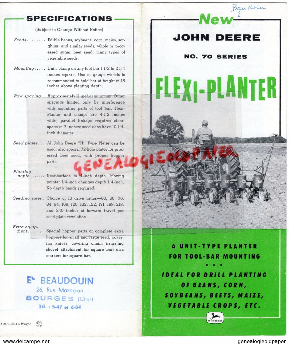 18-BOURGES- RARE PROSPECTUS PUBLICITE TRACTEUR  JOHN DEERE FLEXI PLANTER-ETS . BEAUDOIN 26 RUE MAZAGRAN-AGRICULTURE - Agricultura