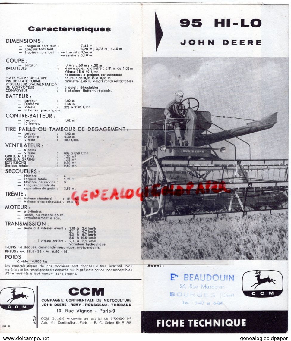 18-BOURGES- RARE PROSPECTUS TRACTEUR  MOISSONNEUSE JOHN DEERE 95 HI-LO-ETS . BEAUDOIN 26 RUE MAZAGRAN-AGRICULTURE - Agriculture