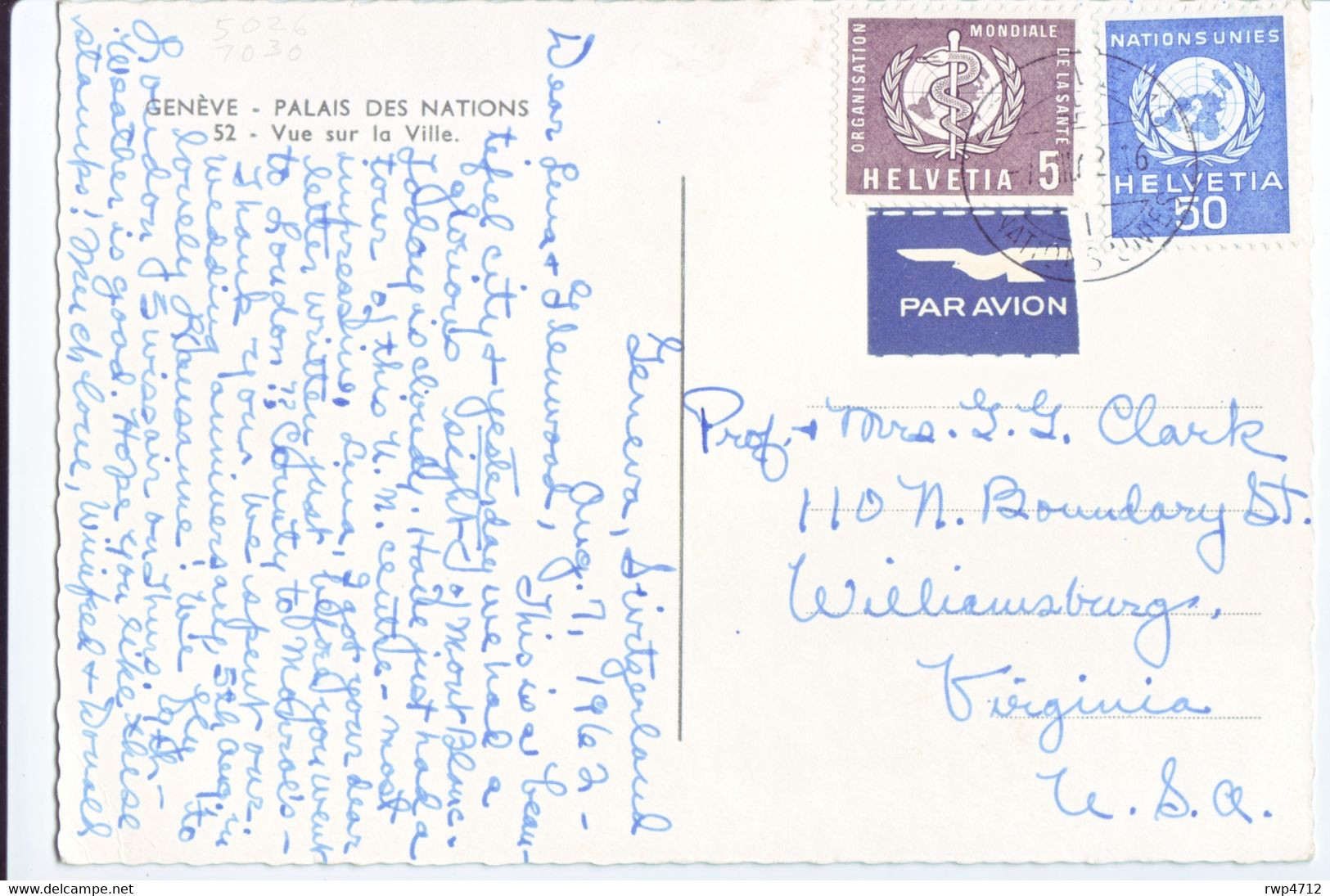 NATIONS UNIES  OMS  Ansichtskarte  PPC  1962 To USA  Palais Des Nations - Airmail