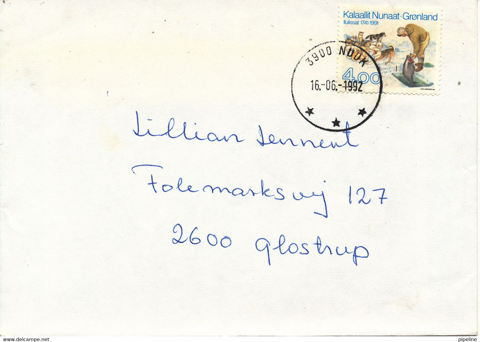 Greenland Cover Sent To Denmark 16-6-1992 Single Franked - Lettres & Documents