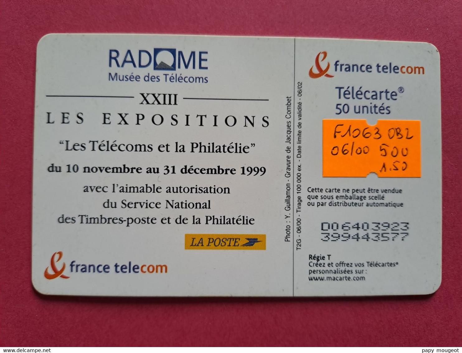 F1063 50U SC7 08/99 - Pleumeur XXIII Les Télécoms Et La Philatélie - 1999