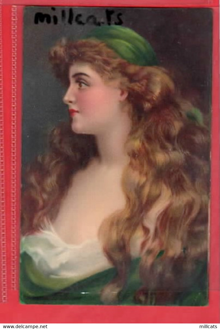 GLAMOUR ART   DECOLLETAGE  GREEN  BONNET AND DRESS LONG GOLDEN HAIR   ART NOUVEAU - Asti