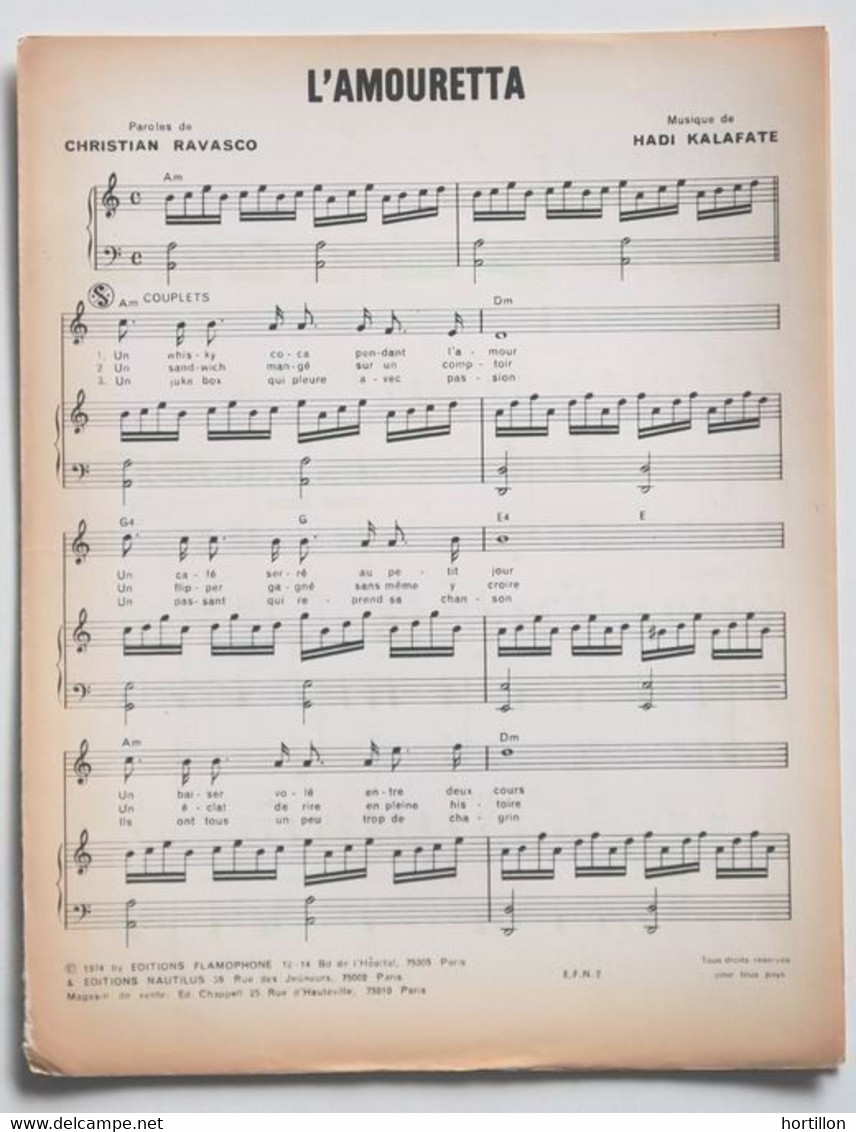 Partition Vintage Sheet Music BUBBLE GUM : L'Amouretta * 70's Kalafate Ravasco - Chant Et Piano - Liederbücher