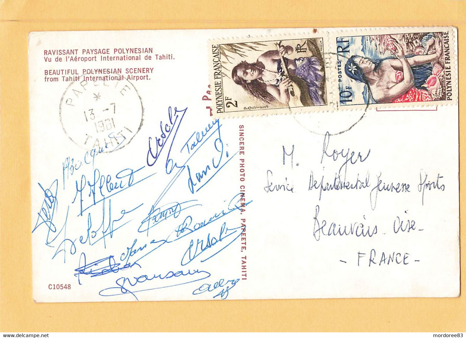 POLYNESIENNE YT 4 ET 9 SUR CP PAPEETE 13/7/1961 AVEC SIGNATURES POUR SERVICE SPORTS BEAUVAIS - Covers & Documents