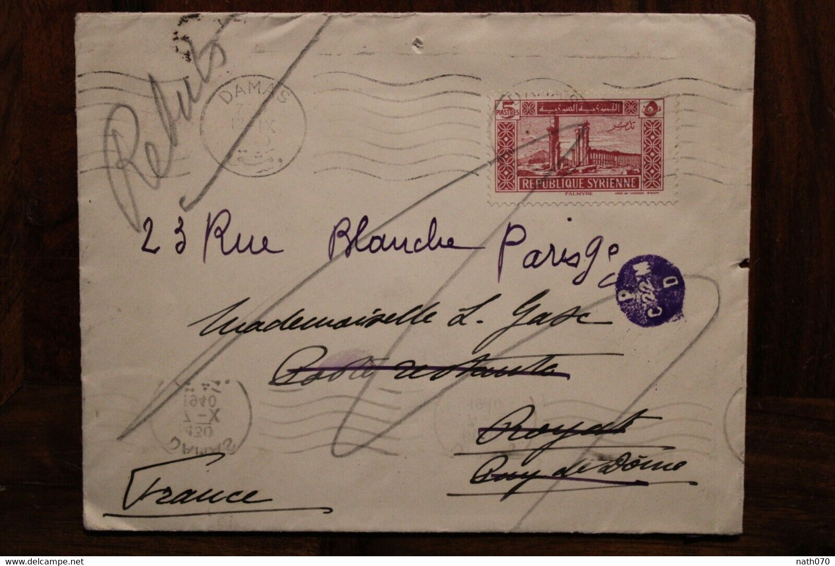 1940 Damas Syrie Rebuts Cover Empire Ottoman Levant France Royat Flamme Hedjaz - Storia Postale