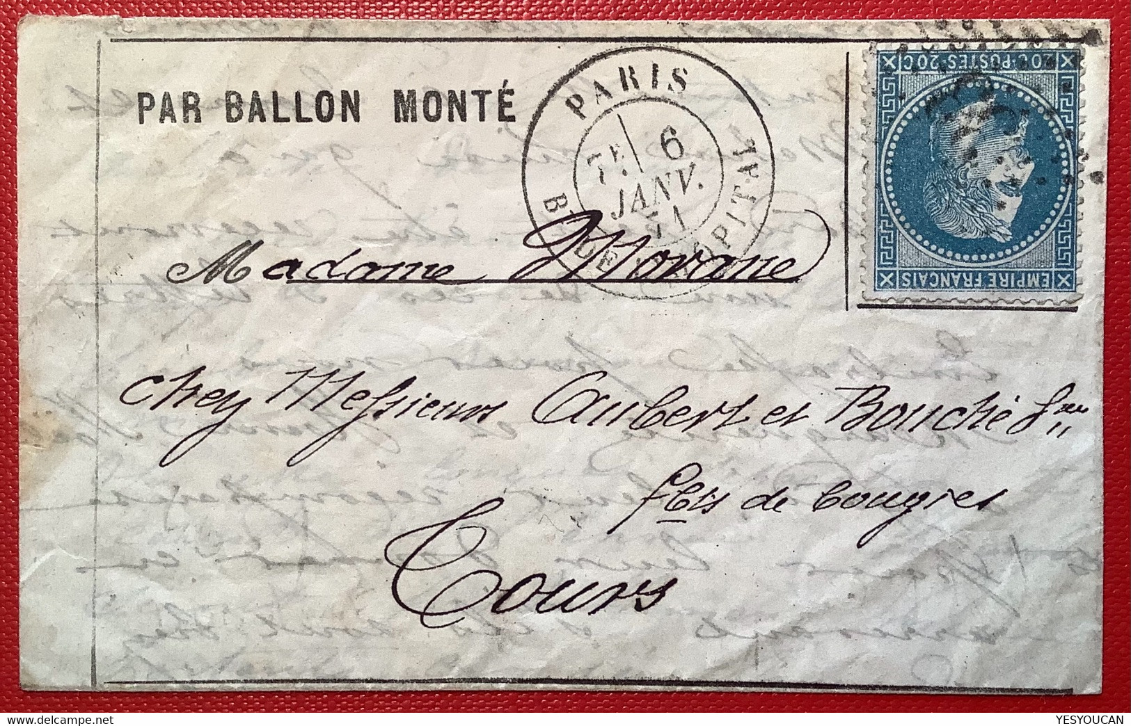 BALLON MONTÉ: Oblit RARE Étoile 33 + PARIS BT DE L’ HOPITAL 1871 (Yvert 800€ !) Lettre>Tours (France Guerre 1870 - Guerre De 1870