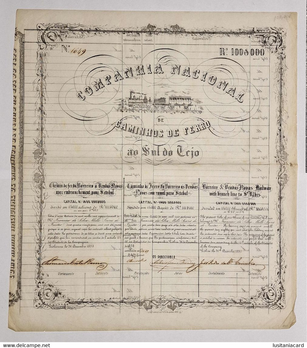 PORTUGAL - LISBOA-Cª. Nacional De Caminhos De Ferro Ao Sul Do Tejo- Acções De Rs.100$000 - Nº 1649 - 31DEZ1858 (RARO) - Trasporti