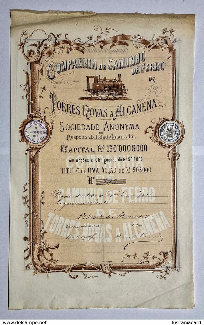 PORTUGAL-LISBOA-Cª.de Caminho De Ferro De Torres Novas A Alcanena-Titulo De Uma Acção De Rs.50$000-Nº925-15MAR1888(RARO) - Transports