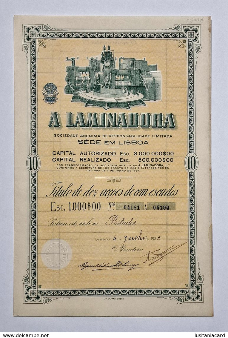 PORTUGAL-LISBOA- A Laminadora -Titulo De Dez  Acções De 100$00  - Nº04181 A 04190 - 8 De Junho De 1935 - Industrie