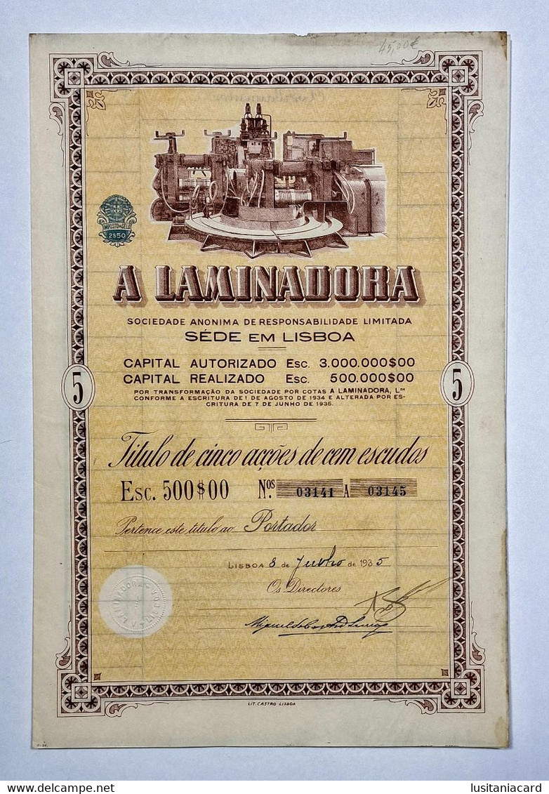 PORTUGAL-LISBOA- A Laminadora -Titulo De Cinco Acções De 100$00  - Nº 03141 A 03145 - 8 De Junho De 1935 - Industrie