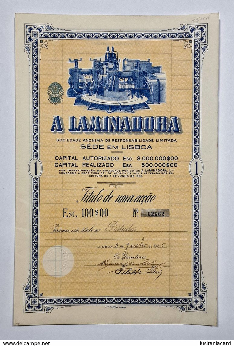 PORTUGAL-LISBOA- A Laminadora -Titulo De Uma Acção De 100$00  - Nº 02662- 8 De Junho De 1935 - Industrie