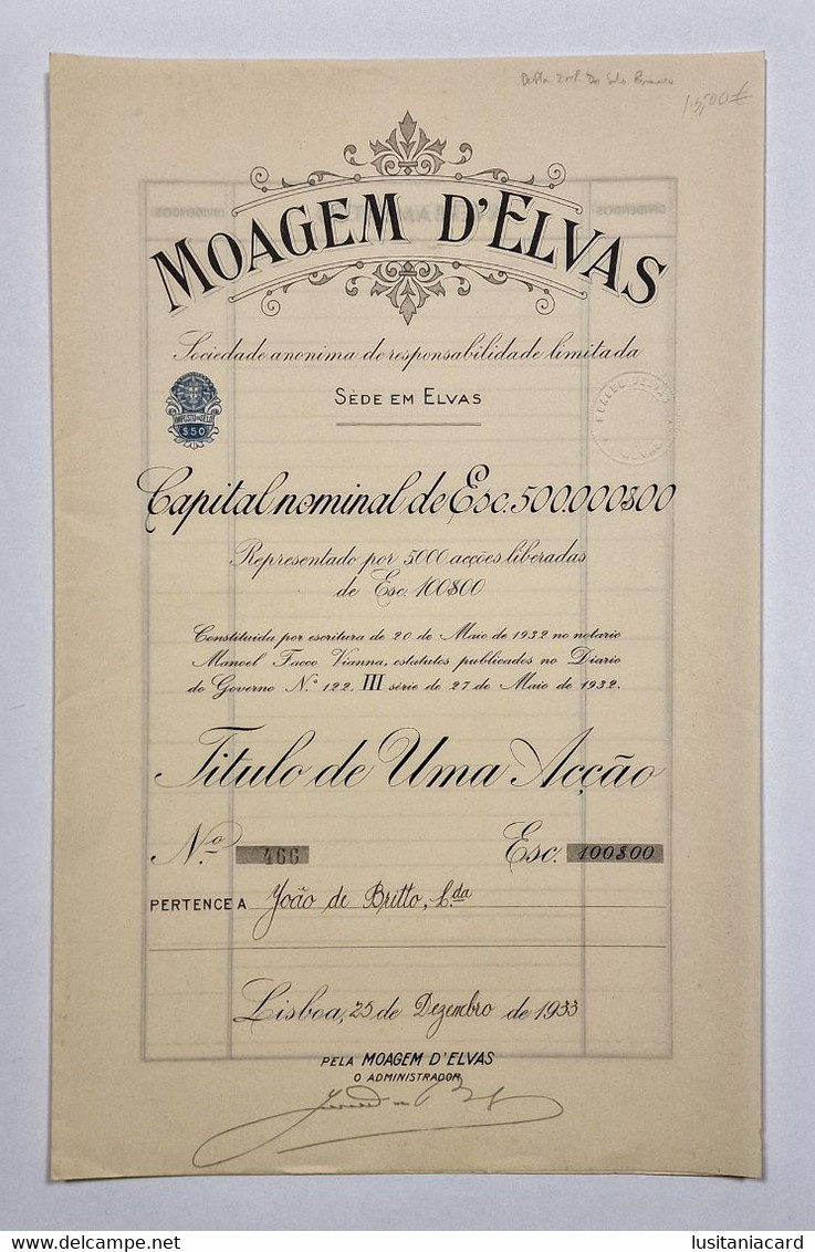 PORTUGAL- ELVAS - Moagem D'Elvas  -Titulo De Uma Acção De 100$00  - Nº 466 - 25 De Dezembro De 1933 - Industrie