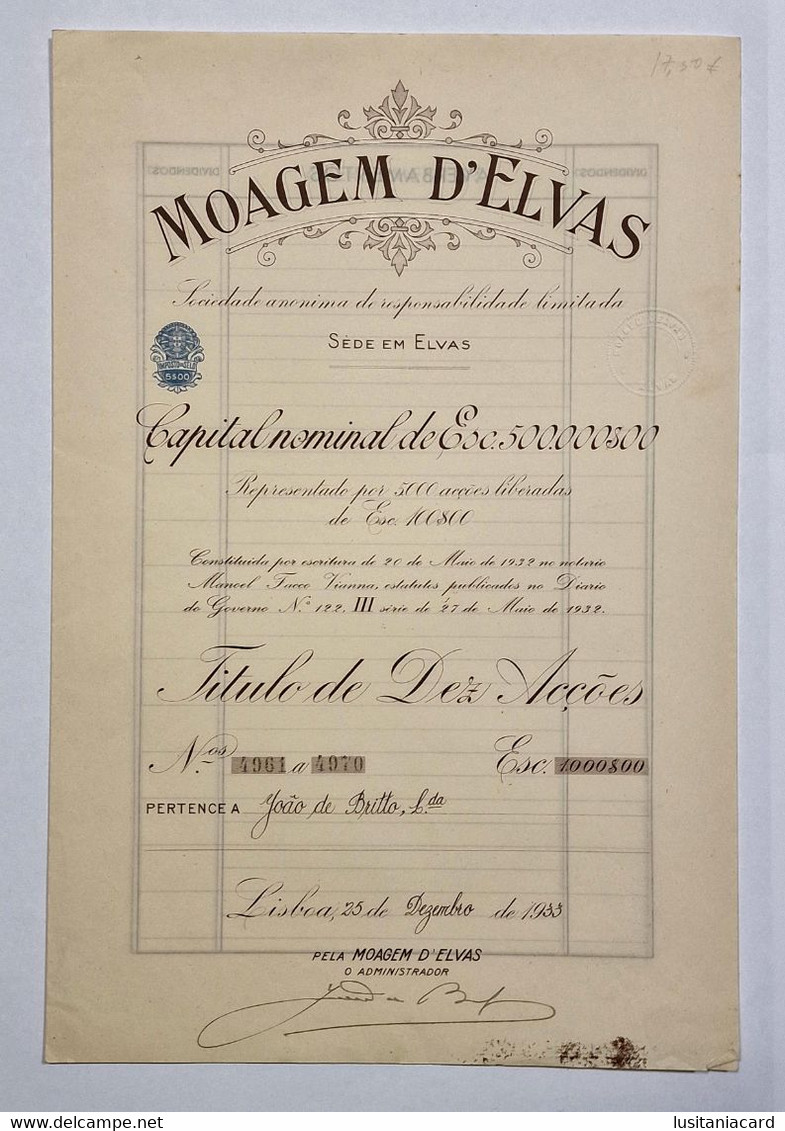 PORTUGAL- ELVAS - Moagem D'Elvas  -Titulo De Dez Acções 1000$00  - Nºs 4961 A 4970 - 25 De Dezembro De 1933 - Industrie