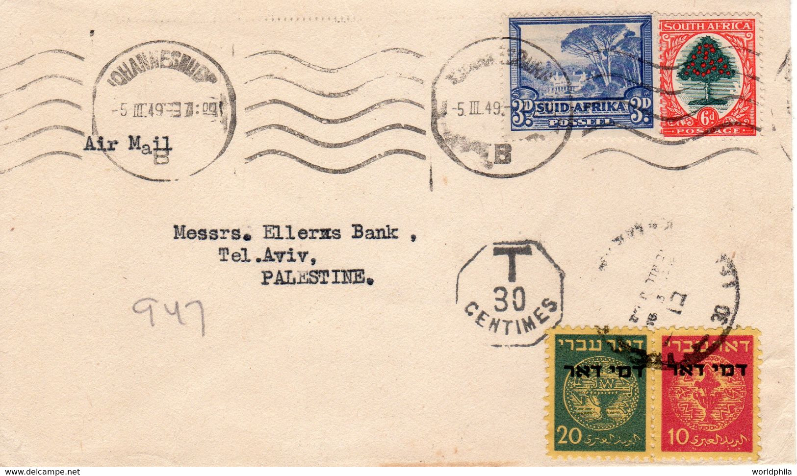 South Africa-Israel 1949 Postage Due I, Bale PD3,4 Overprinted Doar Ivri Stamps, Postal History, High Value Cover - Strafport