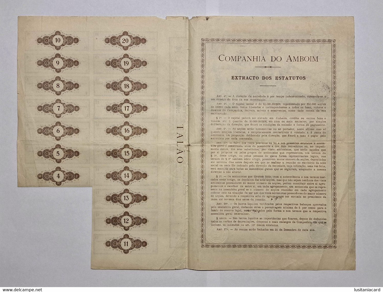 PORTUGAL- LISBOA - Companhia Do Amboim -Titulo De Uma Acção 100$00- Nº 243297- 11 De Dezembro De 1920 - Navy