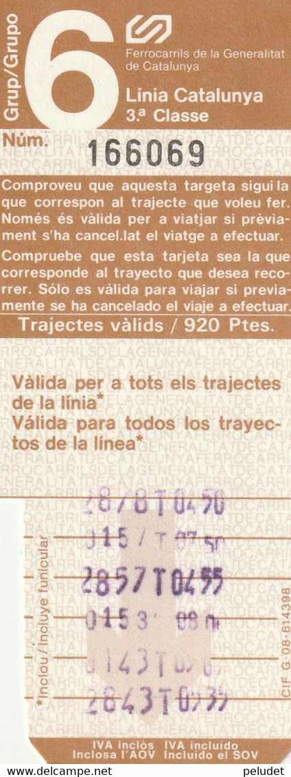 Spain Espagne España - Ticket - Billete - Línia Catalunya - FGC - 3a Clase - 198? - Europa