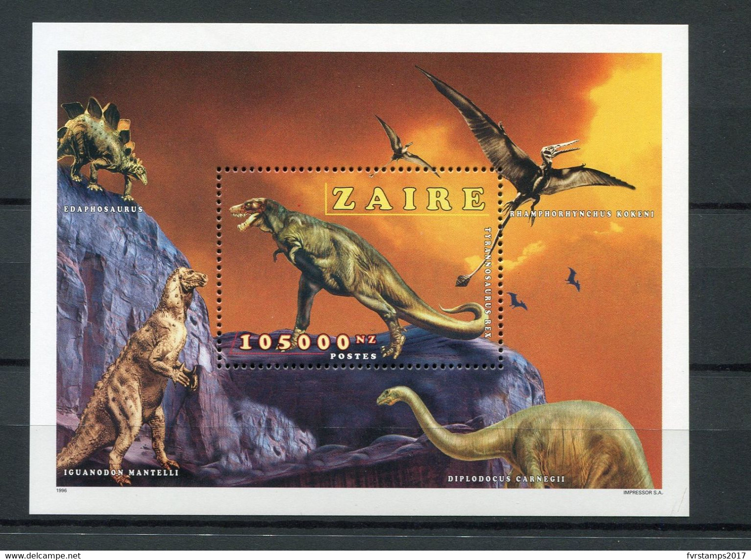 Zaire - 1996 - OCB BL79 - MNH ** - Dinosauriërs Dinosaurs Dinosaures Prehistorical Préhistoriques Animals - Cv € 20 - Nuovi