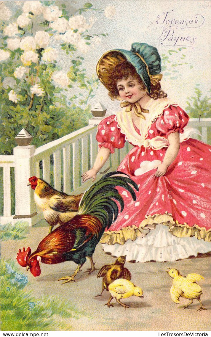 Vœux - Joyeuses Pâques - Enfants Qui Ramasse Des œufs - Robe Roses A Pois - Coq - Carte Postale Ancienne - Ostern