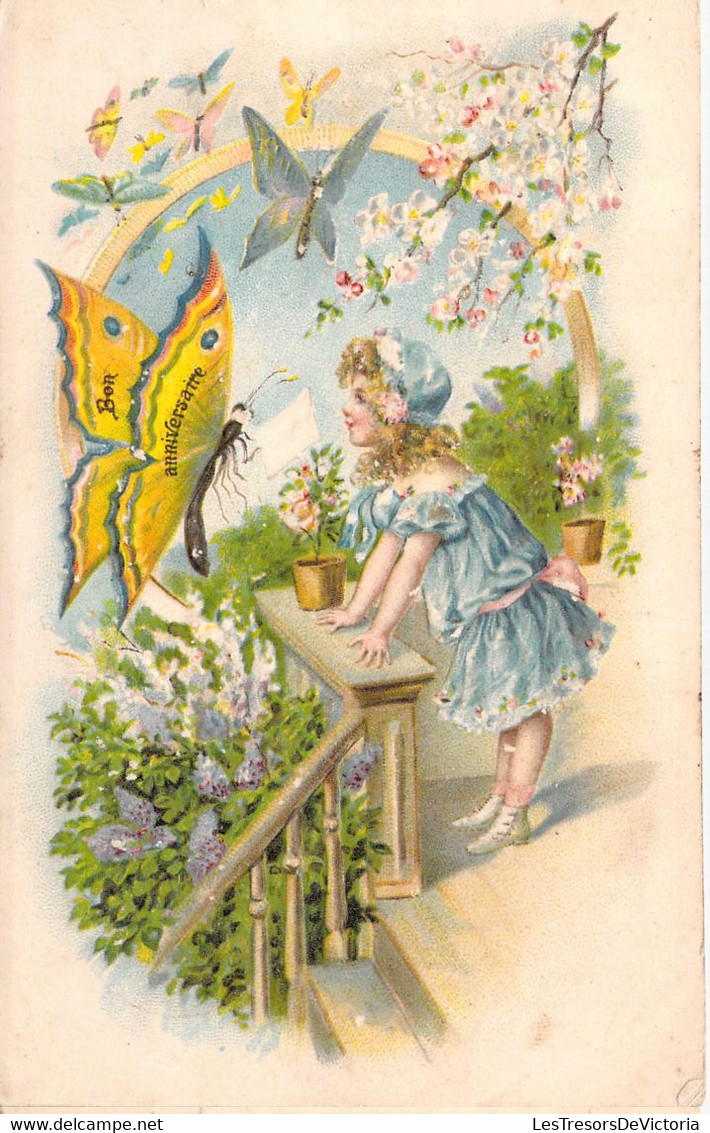 Vœux - Jeune Fille Avec Une Robe Bleues - Papillons - Fleurs - Bon Anniversaire - Carte Postale Ancienne - Anniversaire