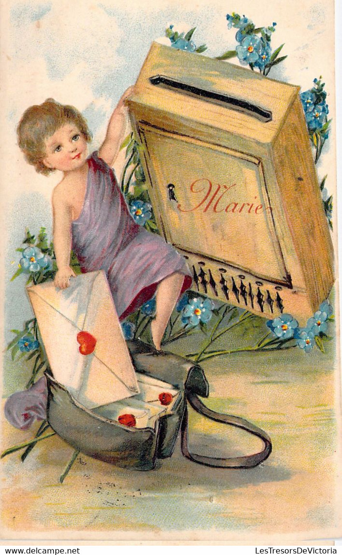 Fêtes Et Vœux - Jeune Fille Avec Une Boite à Lettres - Marie - Cœur - Fleurs Bleues - Carte Postale Ancienne - Geburtstag