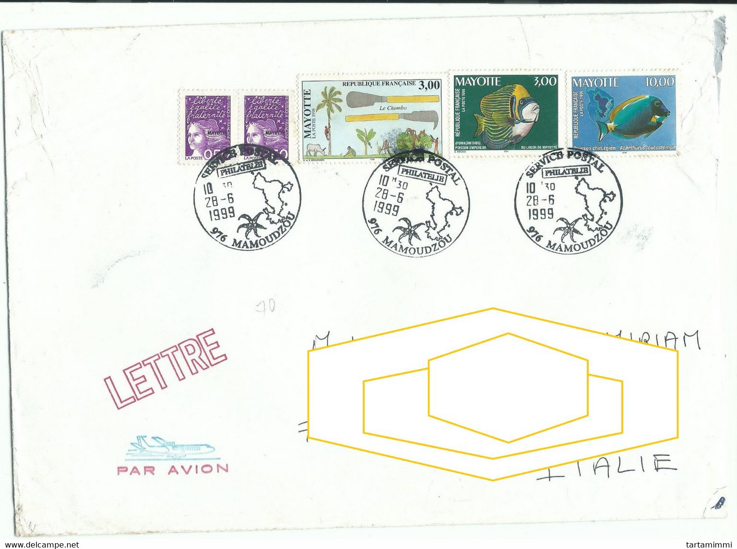 BIG ENVELOPPE - MAYOTTE MAMOUDZOU 1999 OVERPRINT FRANCE FISHES POISSONS PALMS - Covers & Documents
