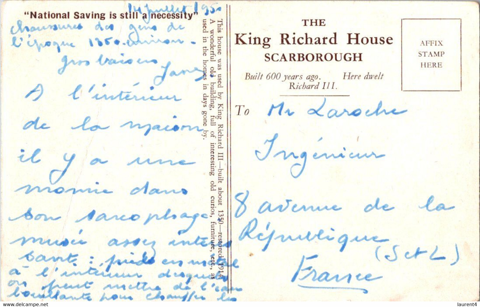 (1 P 11) UK - (posted) (b/w) Scraborough King Richard House - Scarborough