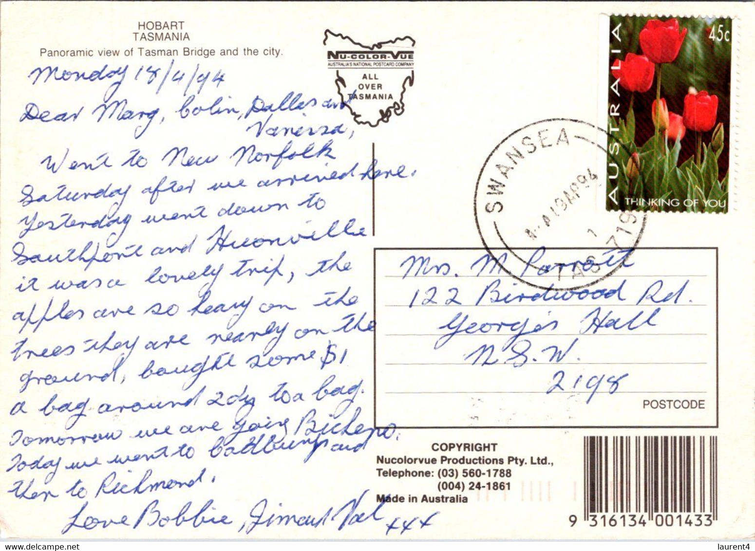 (1 P 15) Australia - TAS - Hobart (1994 Posted With Flower Stamp) - Hobart