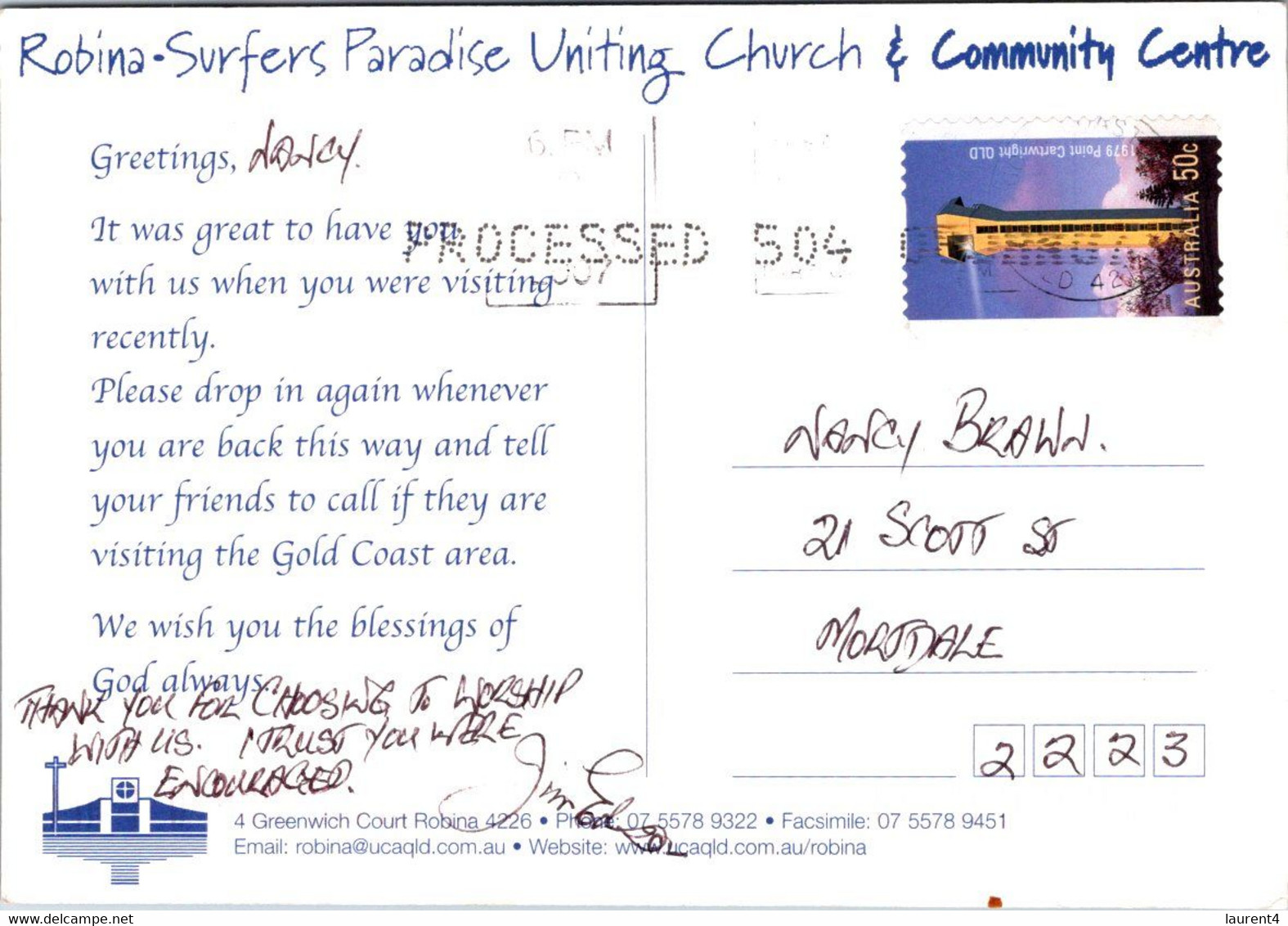 (1 P 15) Australia - QLD - Robina Uniting Church  (posted 2007 With Lighthouse Stamp) - Gold Coast