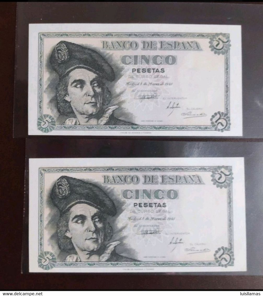 España, 1948, Pareja De Billetes De 5 Pesetas De Sebastián Elcano, Correlativos, S/C - 1000 Peseten