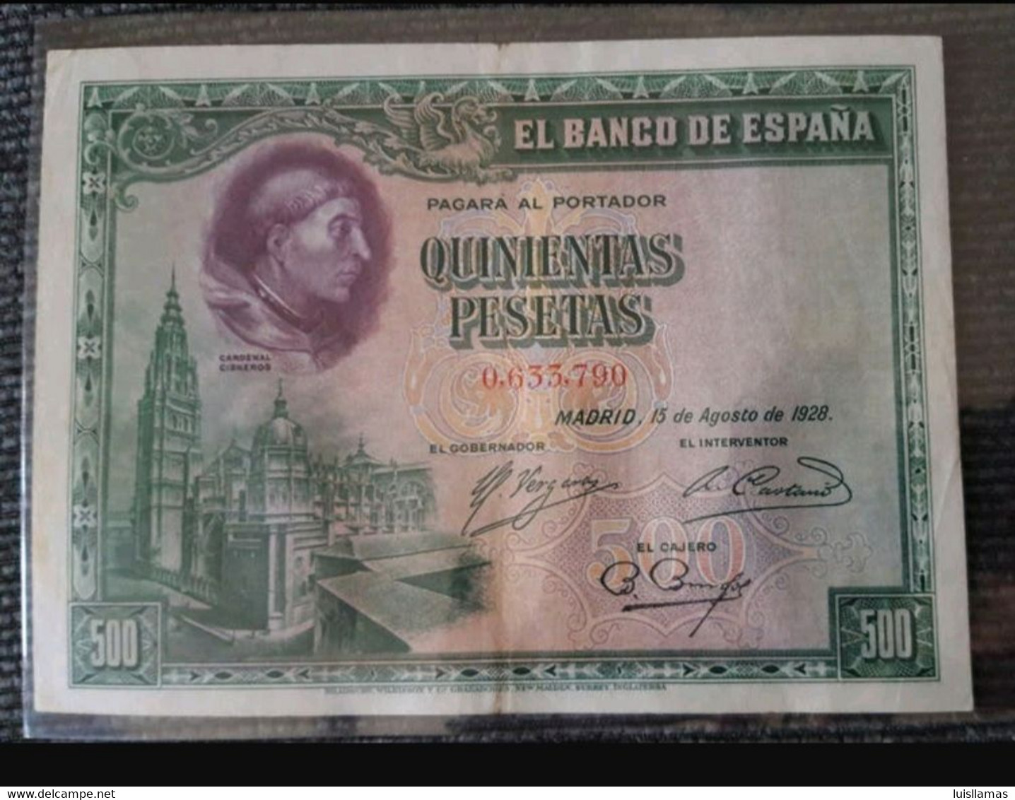 España, 1928 Billete De 500 Pesetas, Cardenal Cisneros, MBC+ - 500 Peseten