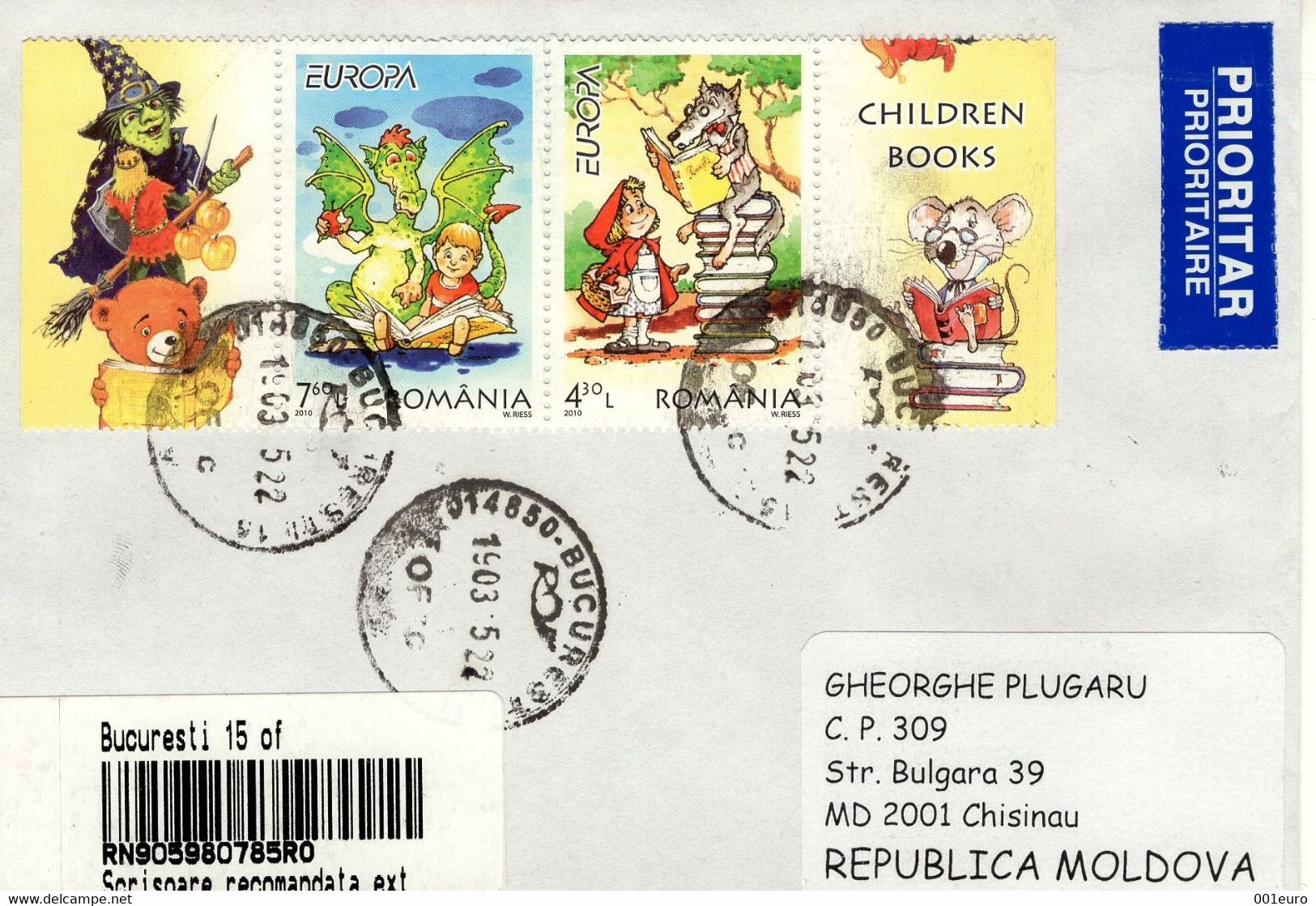 ROMANIA 2010: EUROPA - LITERATURE FOR CHILDREN On REGISTERED Cover Circulated To Moldova Republic - Registered Shipping! - Brieven En Documenten