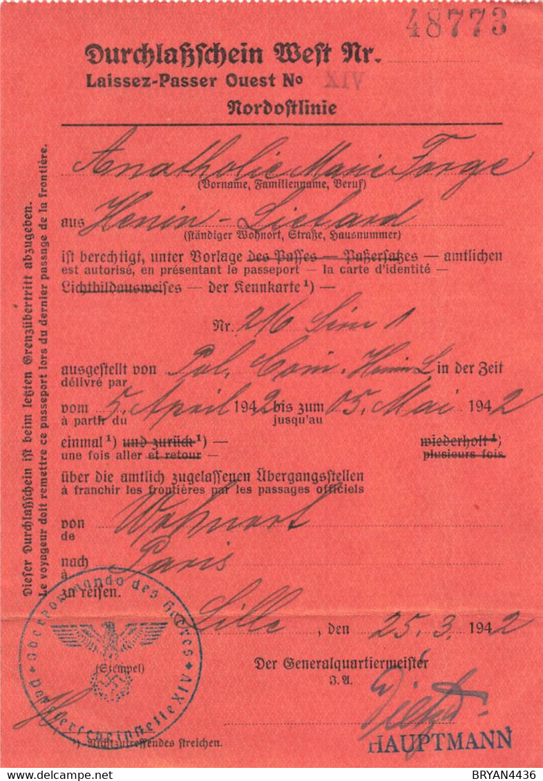 LAISSER-PASSER OUEST N° XIV - NORDOFTLINIE - LILLE - MARS 1942 - OCCUPATION ALLEMANDE - W.W.2.  (15 X11cm) - Documents