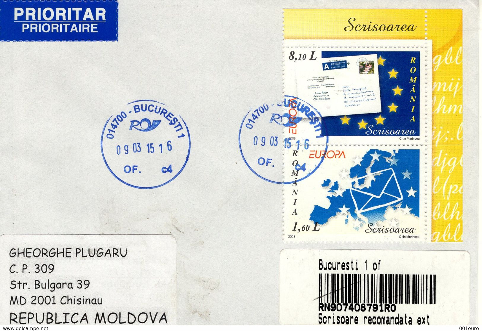 ROMANIA 2010: EUROPA - THE LETTER On REGISTERED Cover Circulated To Moldova Republic - Registered Shipping! - Brieven En Documenten