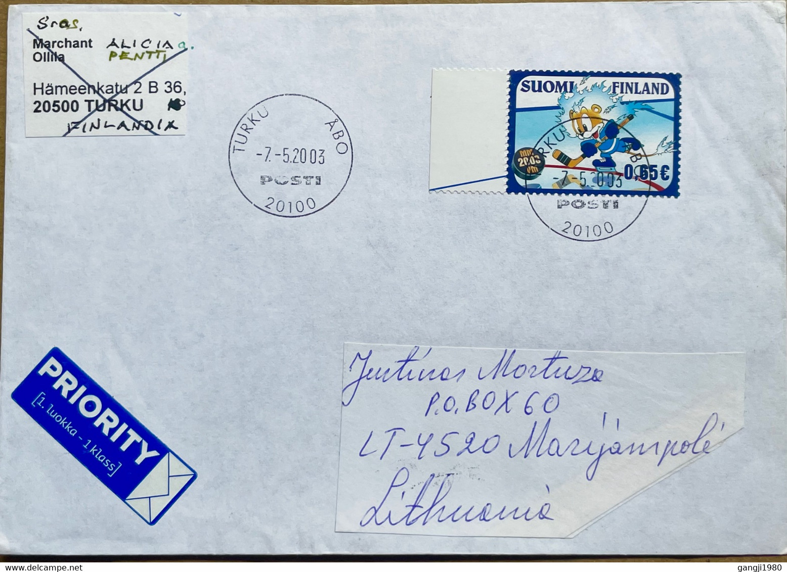 FINLAND TO LITHUANIA 2003, COVER USED, CARTOON 2000 ICE HOCKEY PLAYING, TURKU & MARIJAMPOLE TOWN CANCEL, WORLD CHAMPIONS - Briefe U. Dokumente