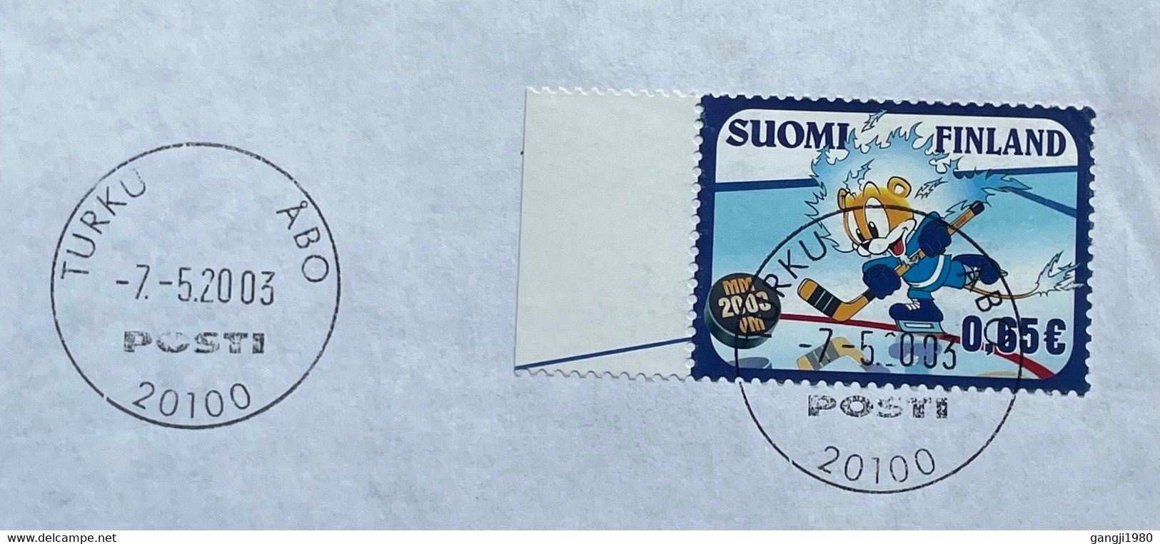 FINLAND TO LITHUANIA 2003, COVER USED, CARTOON 2000 ICE HOCKEY PLAYING, TURKU & MARIJAMPOLE TOWN CANCEL, WORLD CHAMPIONS - Briefe U. Dokumente