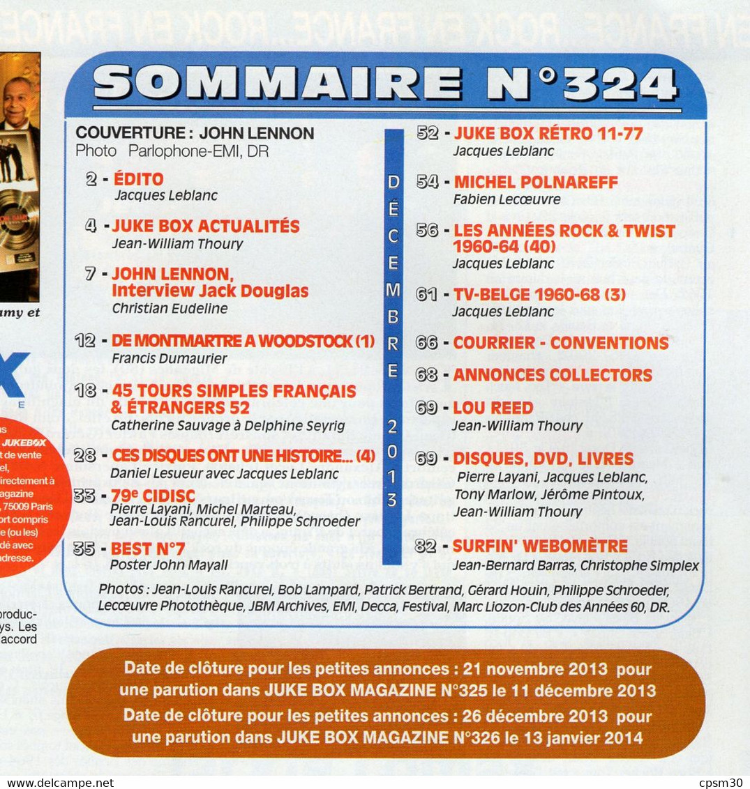 Revue JUKEBOX Argus Collectionneur Disques N°324 JOHN LENNON, TV Belge, Polnareff, Francis Dumaurier, Pussy Cat Etc... - Plakate & Poster