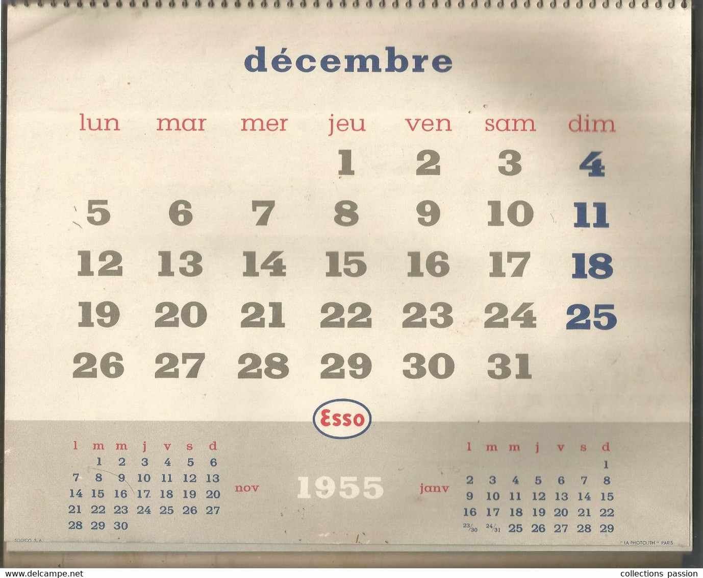 Calendrier, Grand Format, 1955, JEAN MERCIER,  GARAGE, JAUNAY-CLAN, Vienne , ESSO, Frais Fr 3.95 E - Grand Format : 1941-60