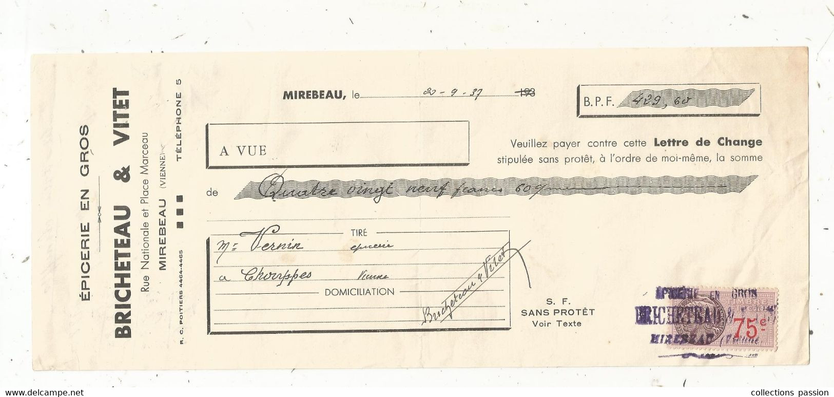 Lettre De Change, EPICERIE EN GROS,BRICHETEAU & VITET,  MIREBEAU,Vienne,1937, Frais Fr 1.85 E - Lettres De Change