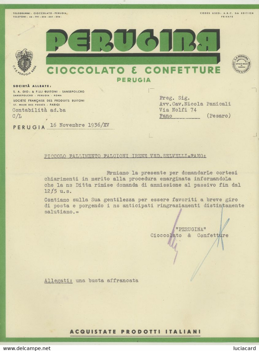 PERUGIA -PERUGINA -CIOCCOLATO E CONFETTURE -PERUGIA -F.LLI BUITONI -SANSEPOLCRO 1936 - Chocolat