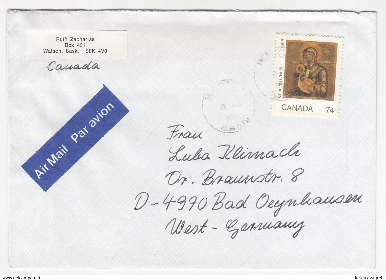 Canada Letter Cover Posted 1988? To Germany B230301 - Covers & Documents